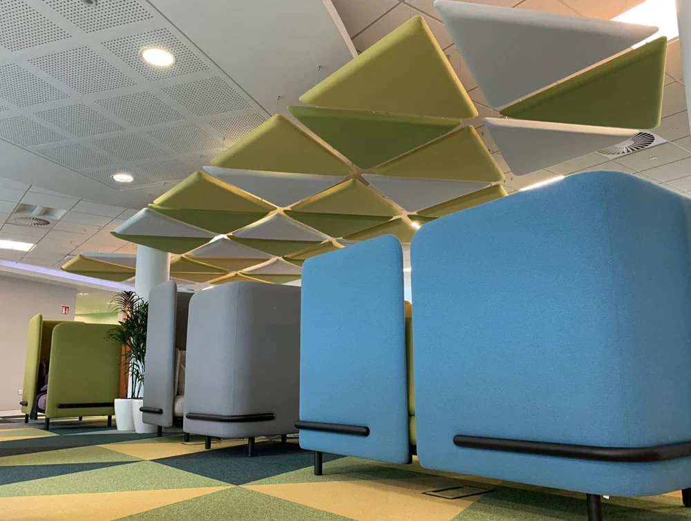 Playrix-Office-Ceiling-Suspended-Green-Triangular-Acoustic-Panels