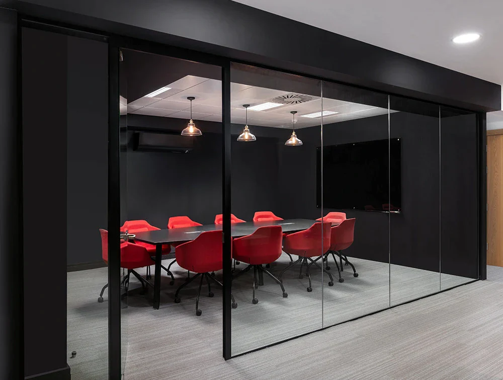 Social-Talent-Office-Layout-Red-Ultra-Meeting-Room-Chairs-with-Black-Meeting-Room-Table