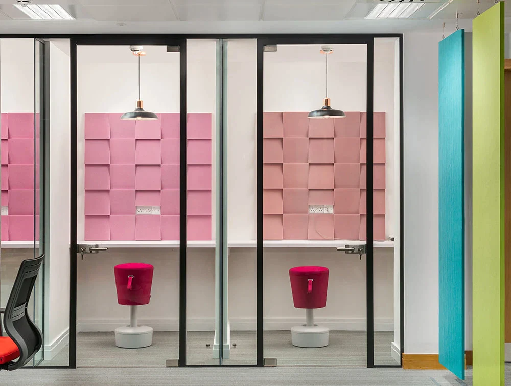 Social-Talent-Office-Phone-Booths-with-Mickey-Sit-Stand-Stools-and-Acoustic-Fluffo-and-Soundtect-Freestyle-Panels